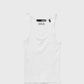 White tank top with a brand label on a light gray background