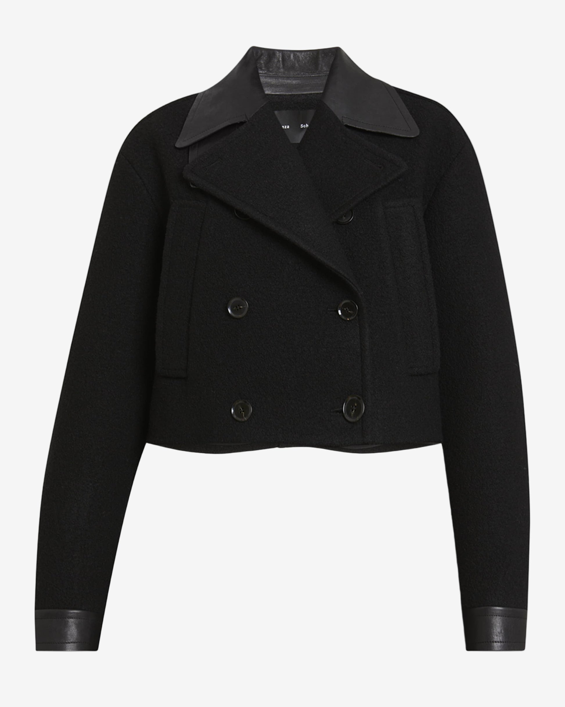 Black peacoat with leather trim on a white background