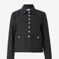 Dark gray textured jacket with silver buttons on a white background