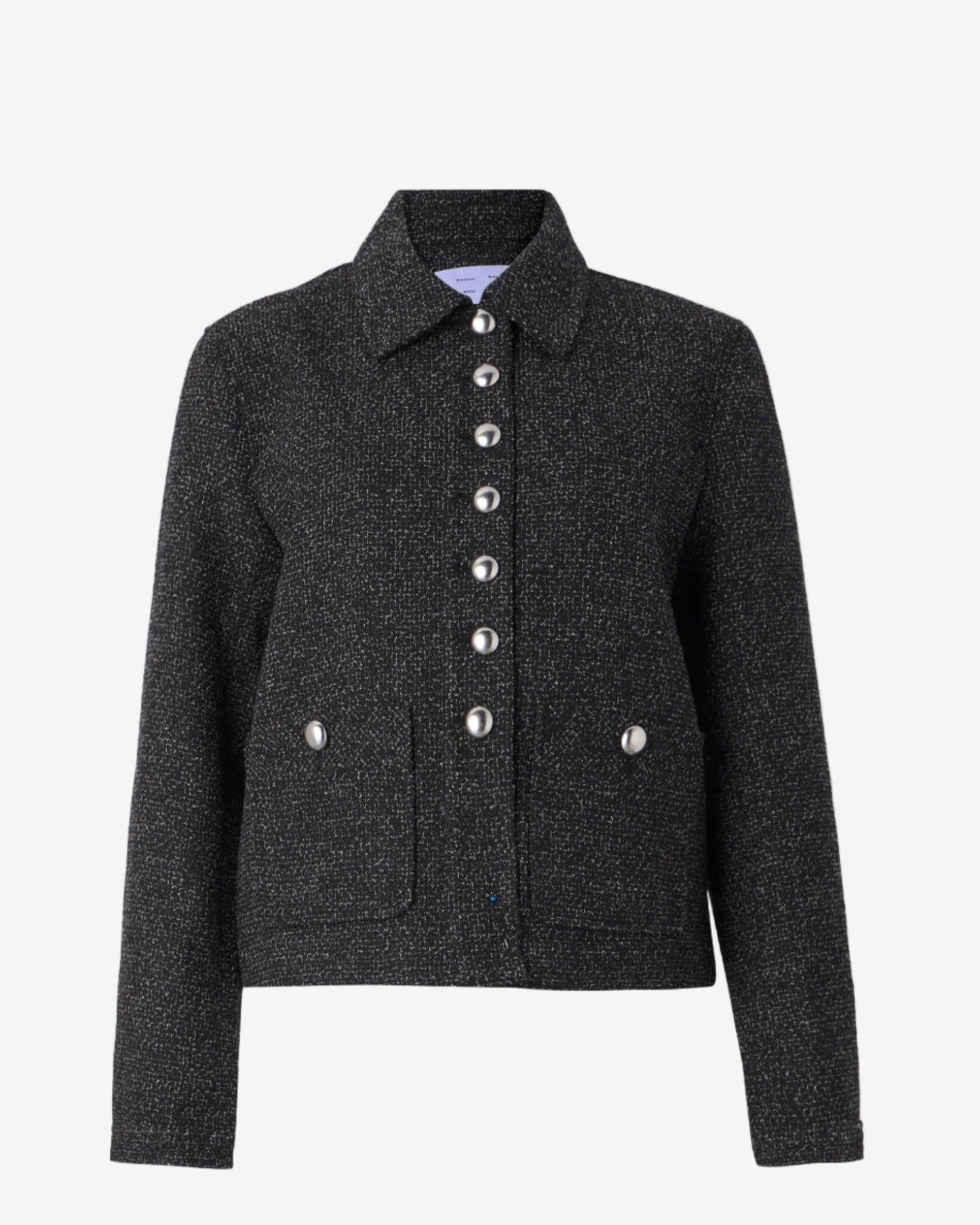 Dark gray textured jacket with silver buttons on a white background