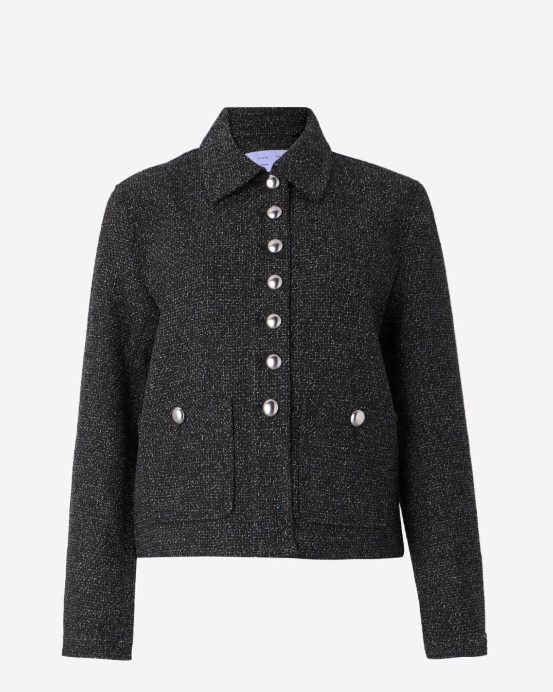 Dark gray textured jacket with silver buttons on a white background