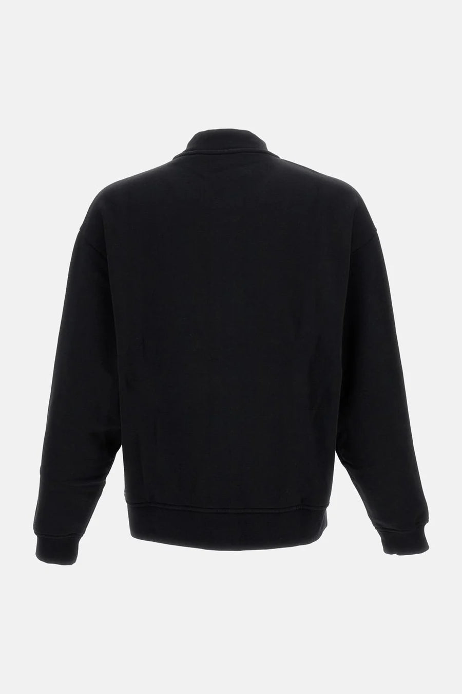 Black varsity jacket with a logo on the chest against a white background