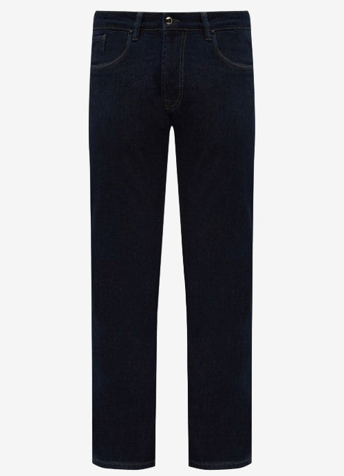 Dark blue jeans on a light gray background