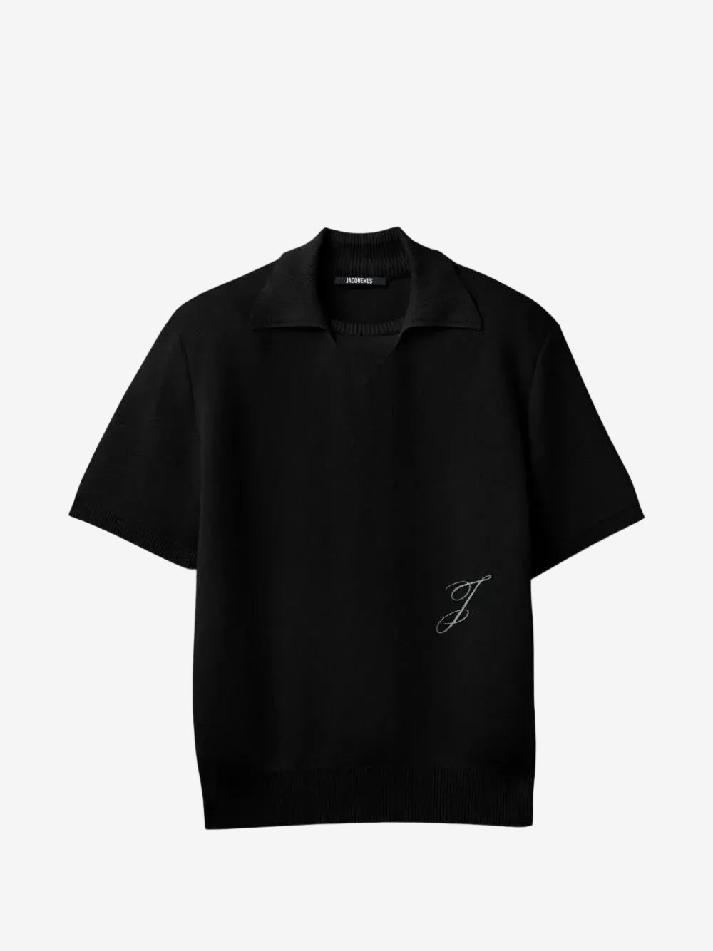 Black polo shirt with a monogram on a white background