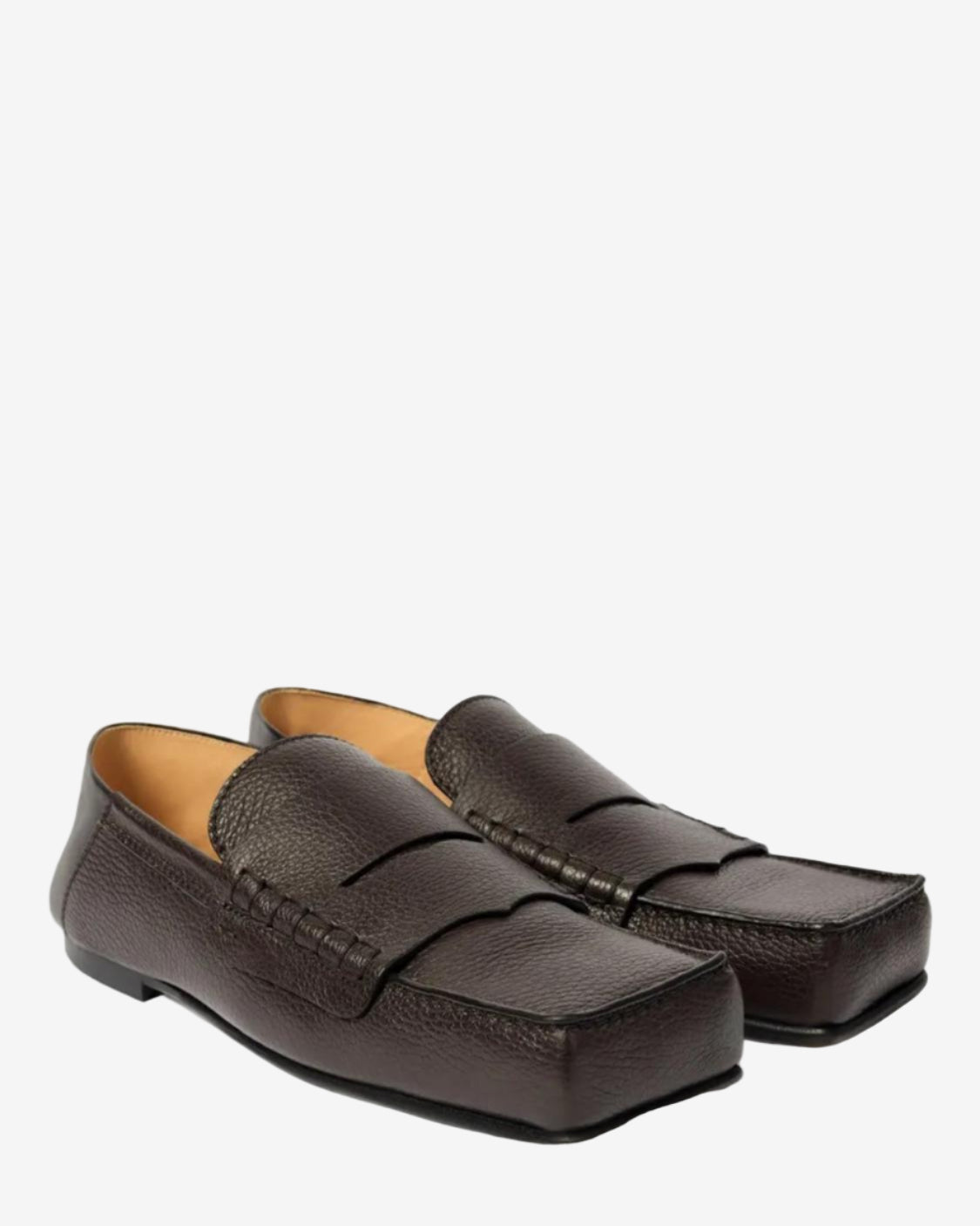 Pair of brown loafers on a light gray background