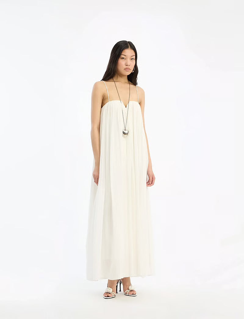 Pleated Midi Strap Dress White
