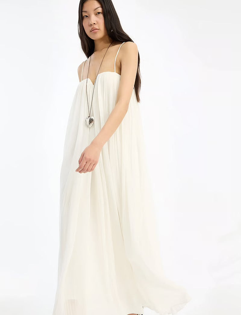 Pleated Midi Strap Dress White