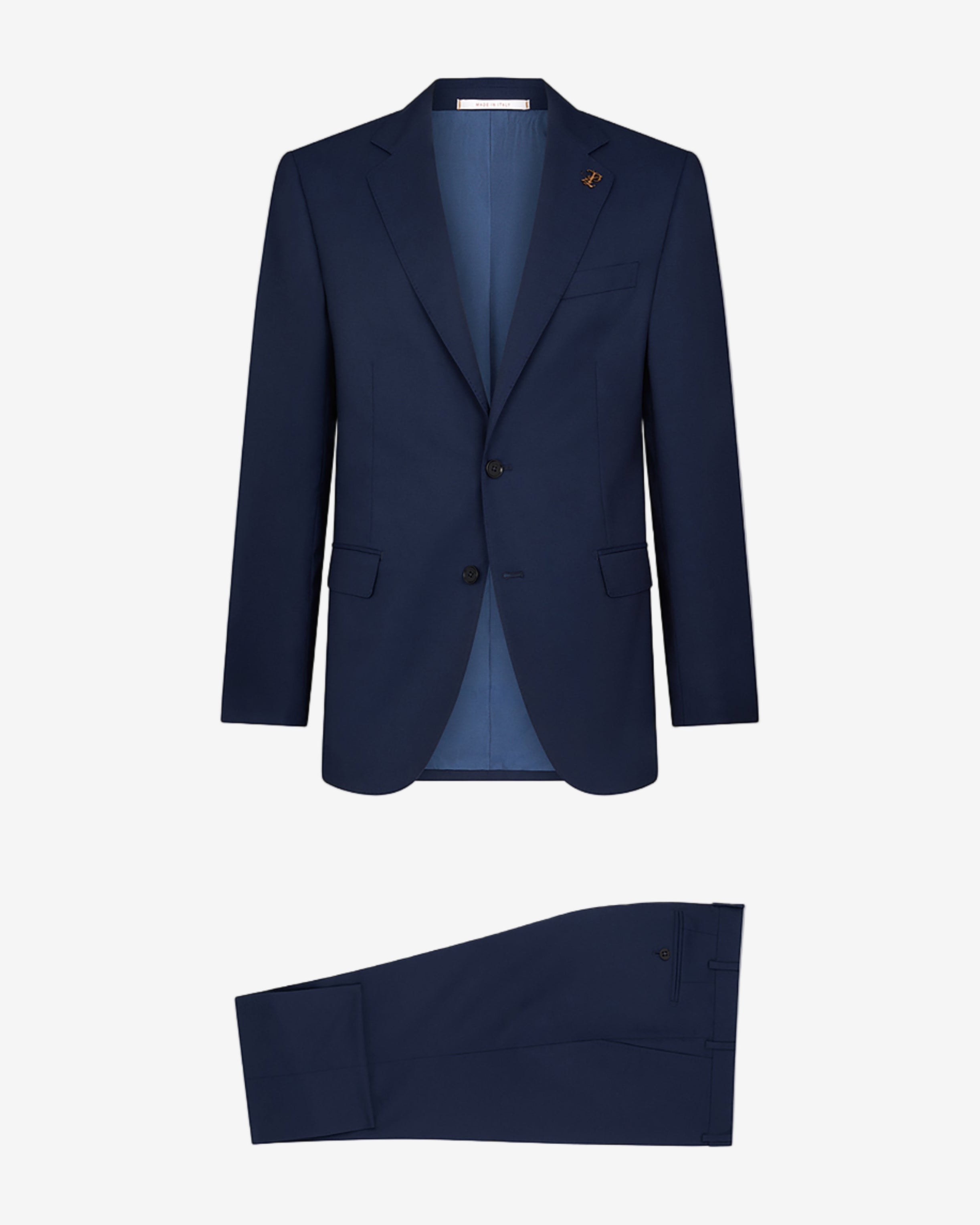 Navy blue suit jacket and pants on a light gray background