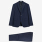 Navy pinstripe suit jacket and pants on a light gray background