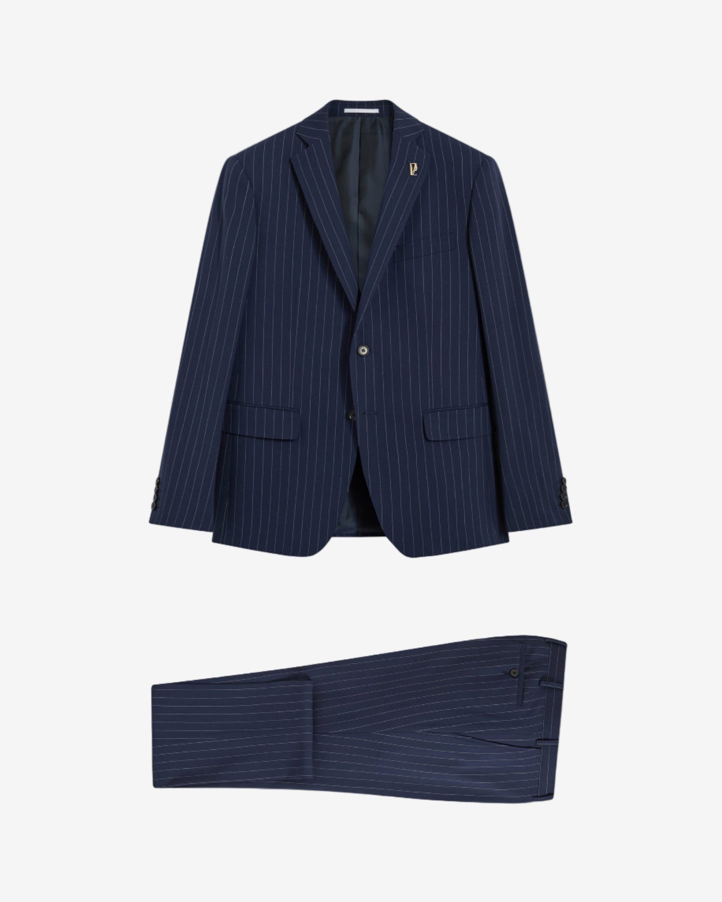 Navy pinstripe suit jacket and pants on a light gray background