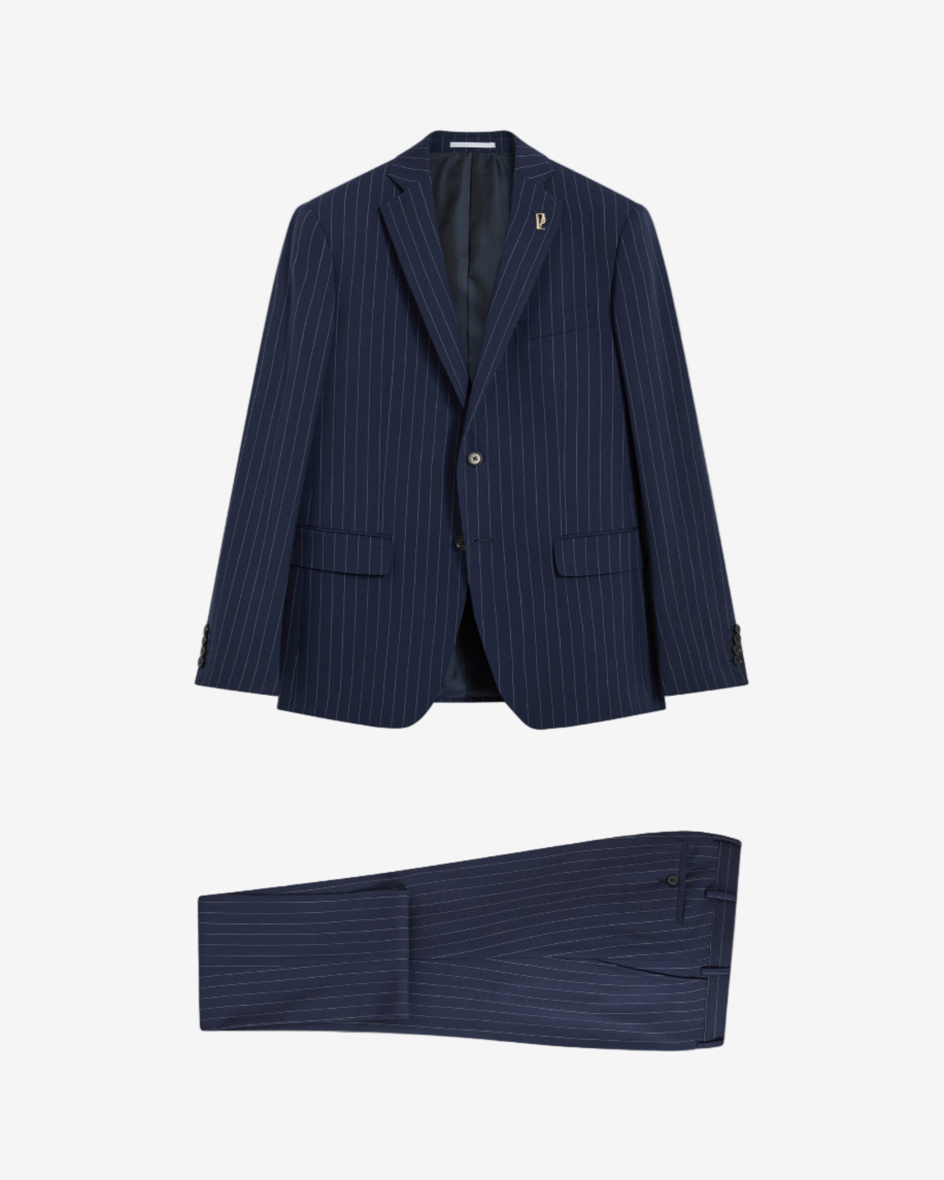 Navy pinstripe suit jacket and pants on a light gray background