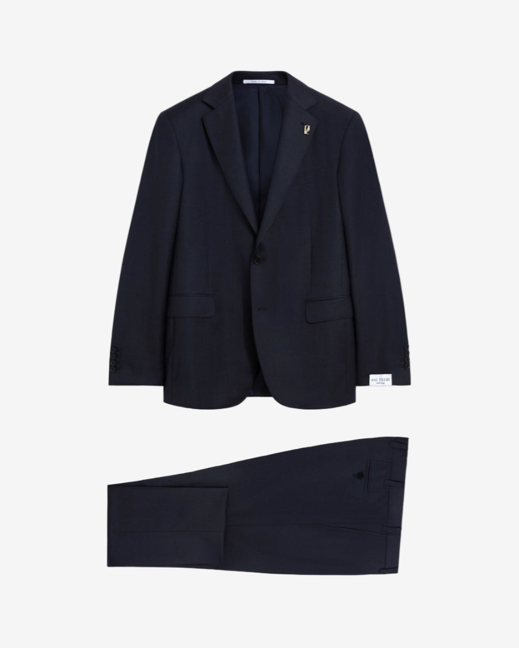 Navy blue suit jacket and pants on a light gray background
