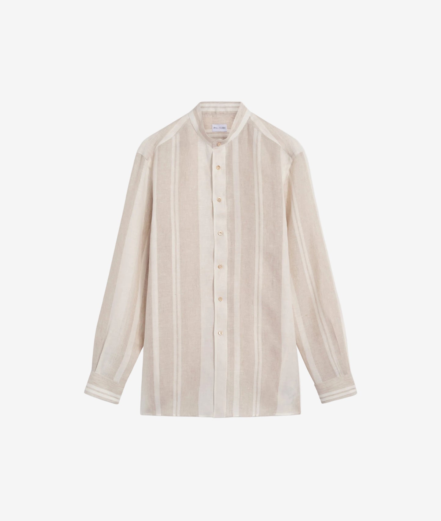 Light brown maxi striped linen shirt with Alessandria Collar
