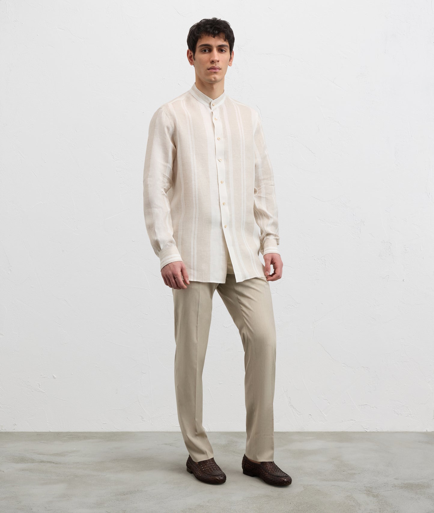 Light brown maxi striped linen shirt with Alessandria Collar