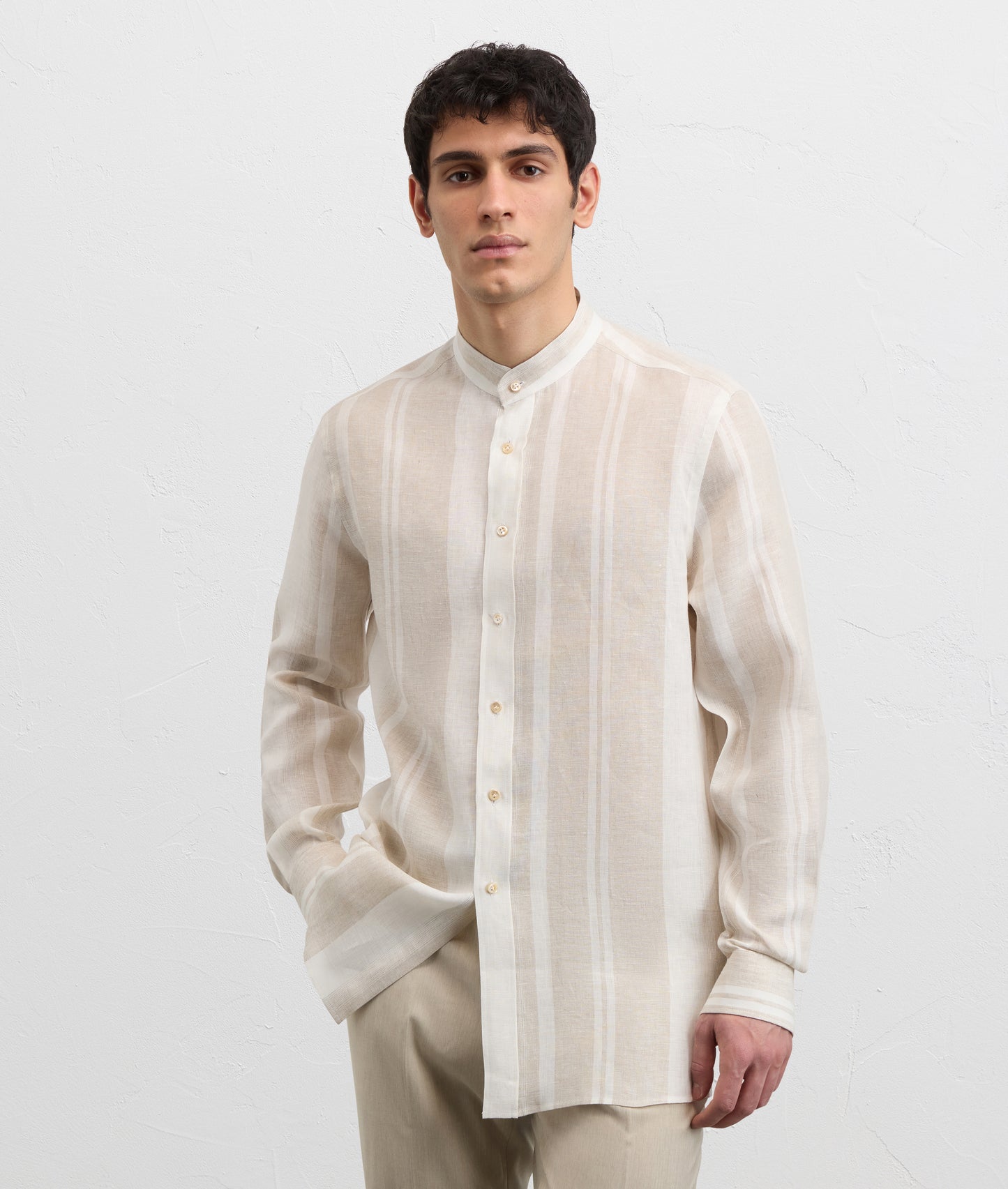 Light brown maxi striped linen shirt with Alessandria Collar
