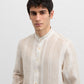 Light brown maxi striped linen shirt with Alessandria Collar
