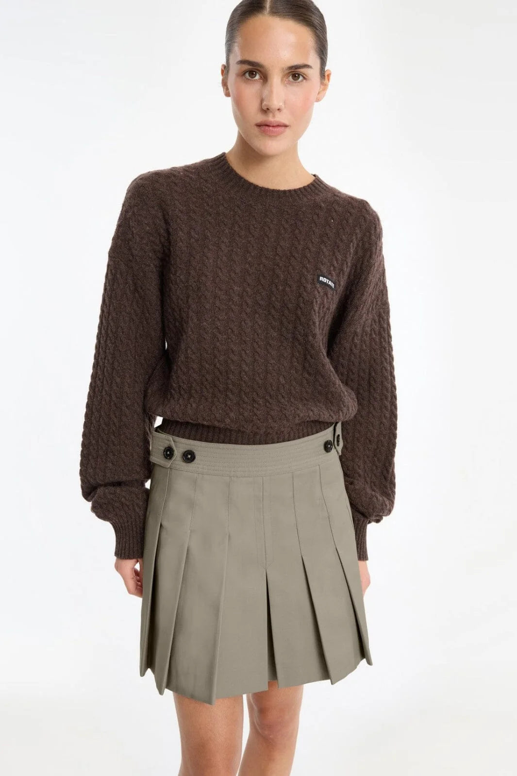 Rotate Cable Crewneck Sweater Brown