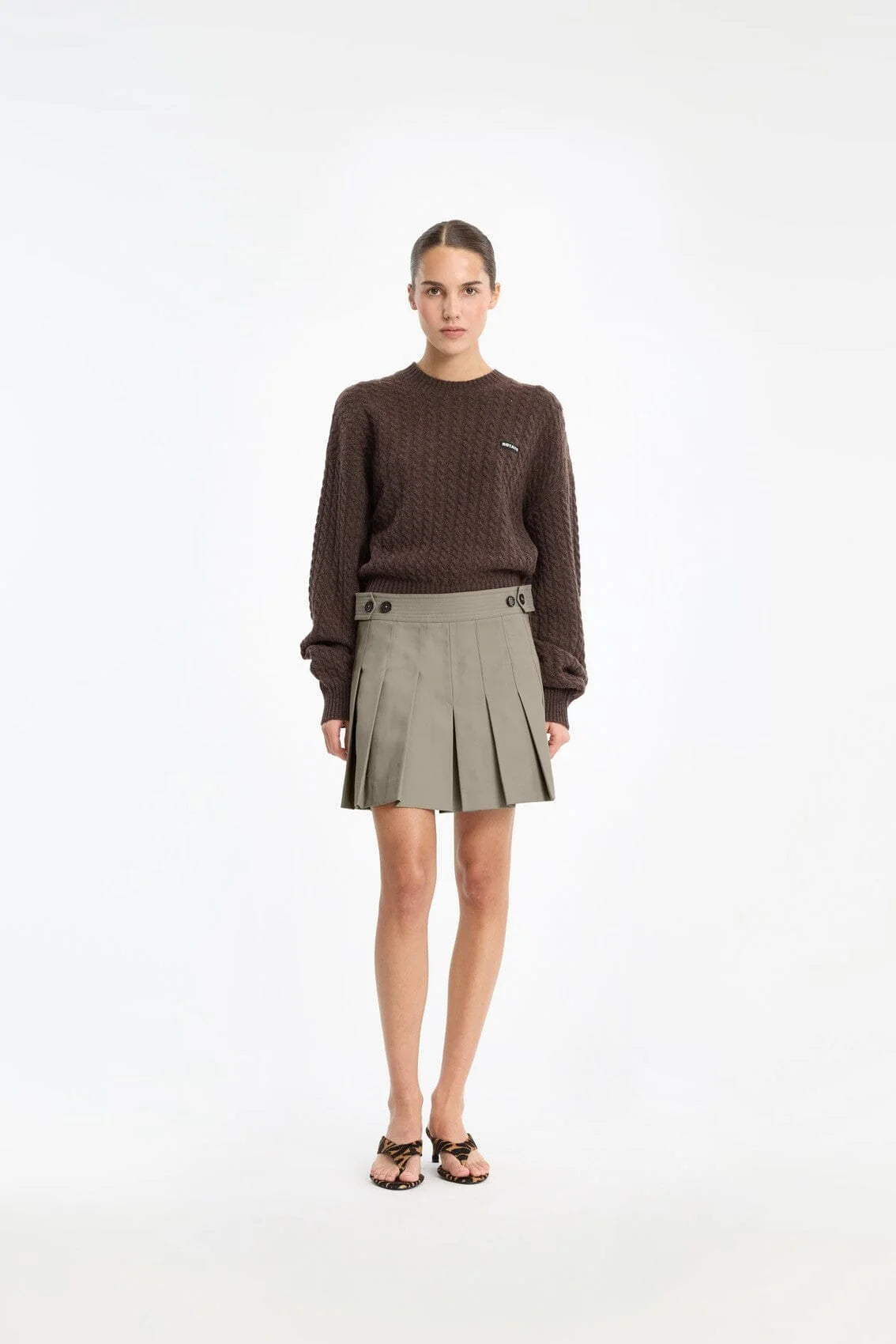 Rotate Cable Crewneck Sweater Brown