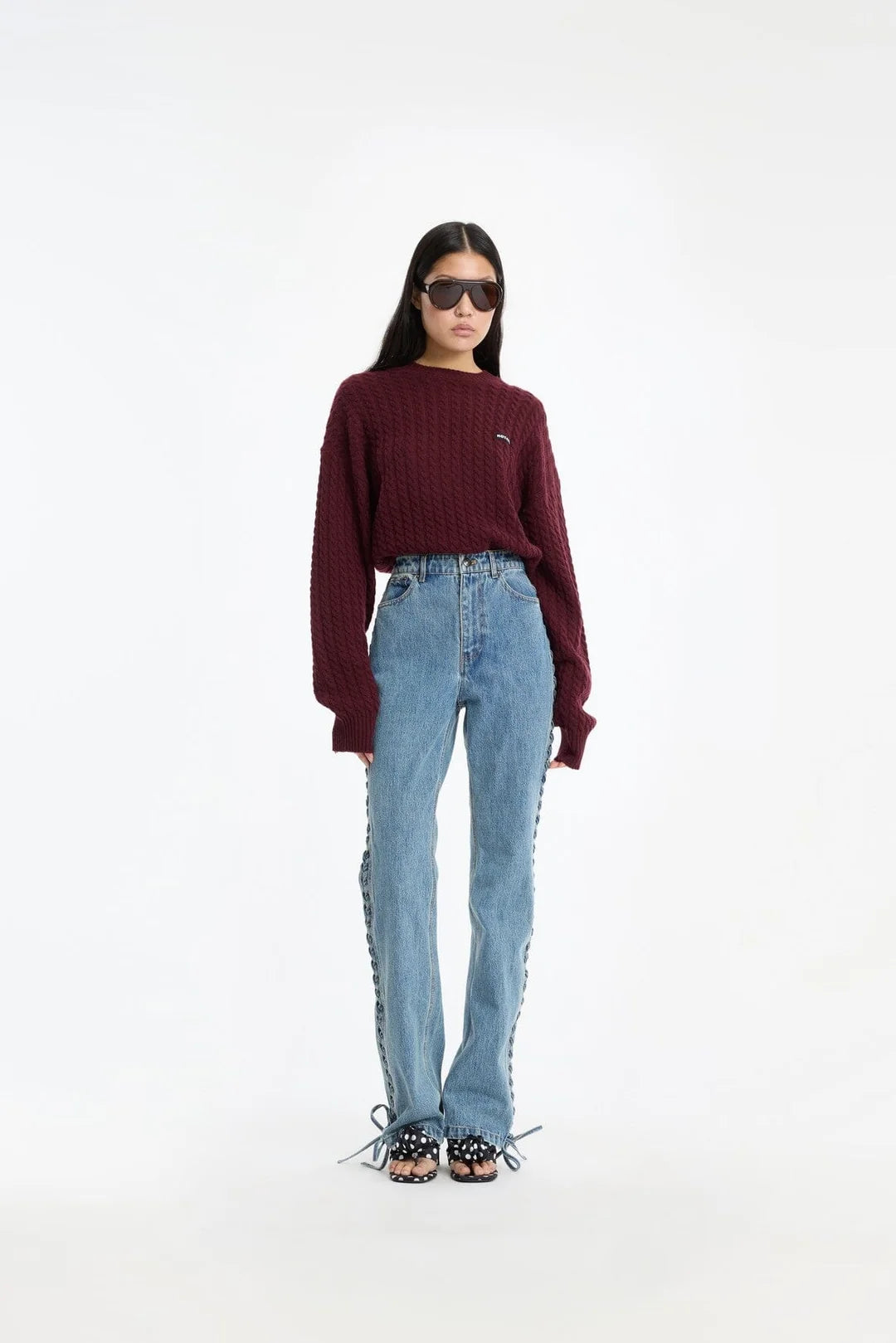 Rotate Cable Crewneck Sweater Burgundy