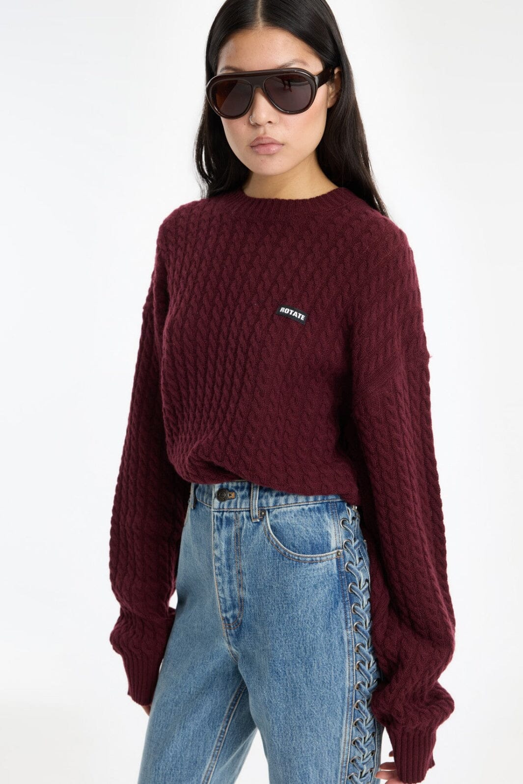 Rotate Cable Crewneck Sweater Burgundy