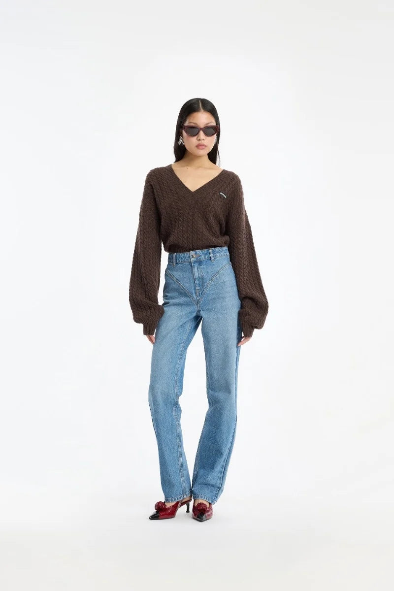Cable V Neck Sweater Brown