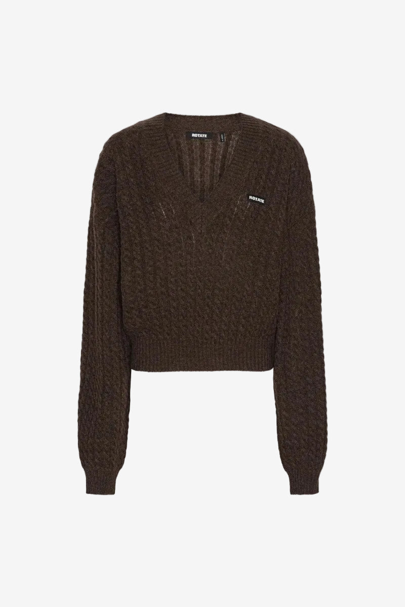 Cable V Neck Sweater Brown