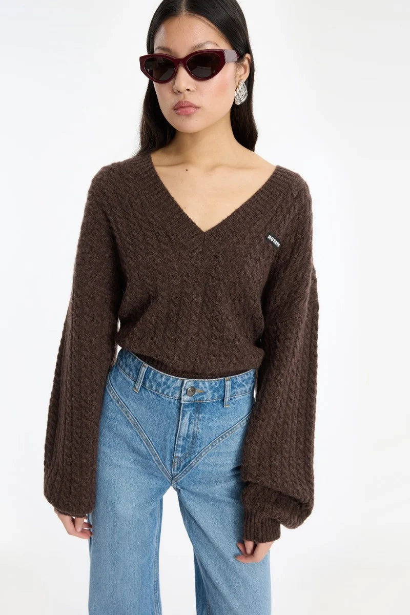 Cable V Neck Sweater Brown