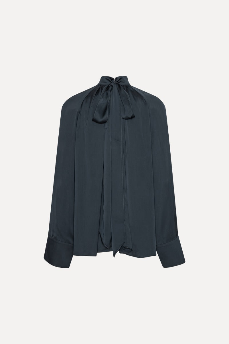 Satin Bow Shirt Dark Blue