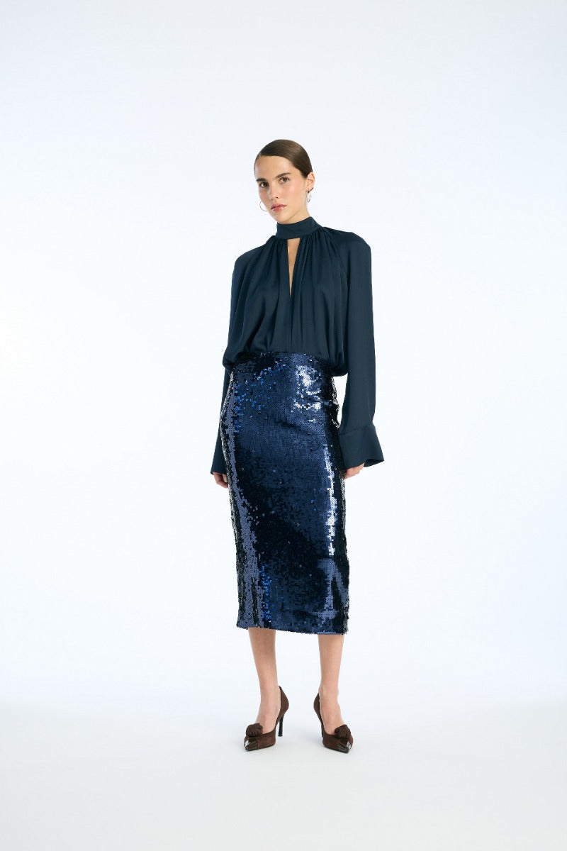 Satin Bow Shirt Dark Blue