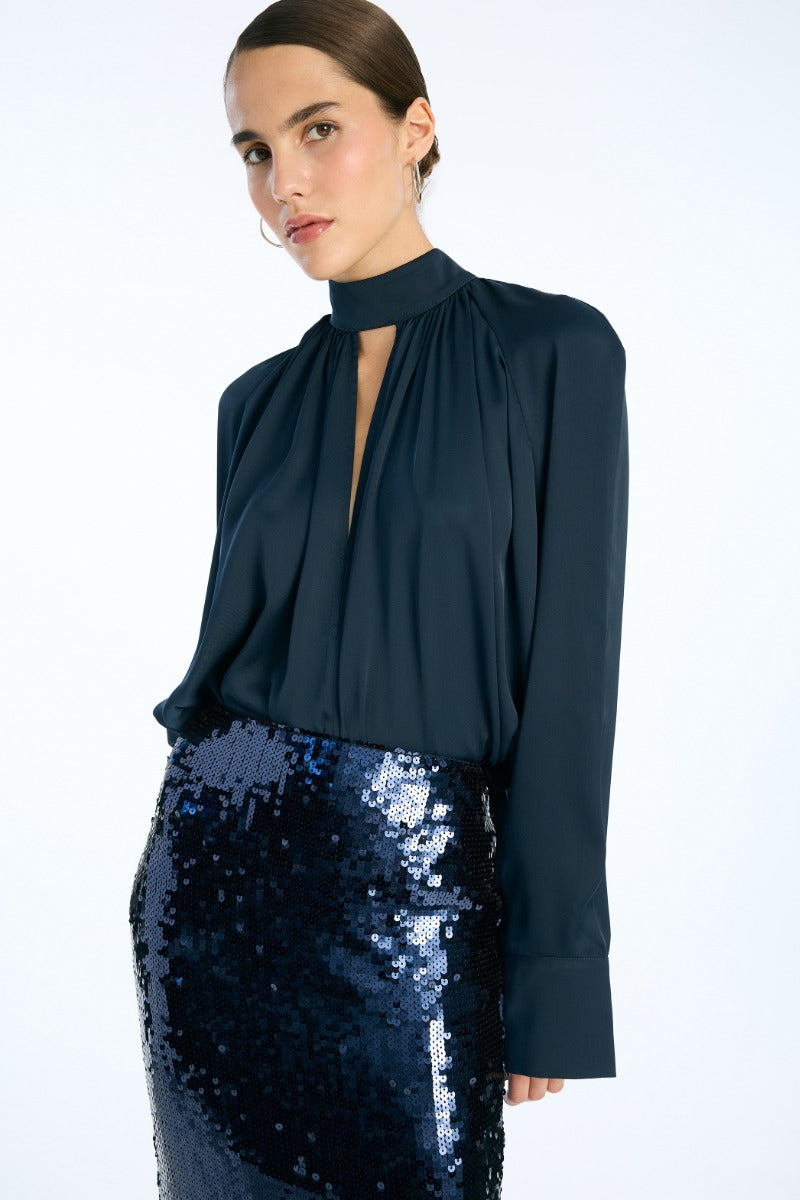 Satin Bow Shirt Dark Blue
