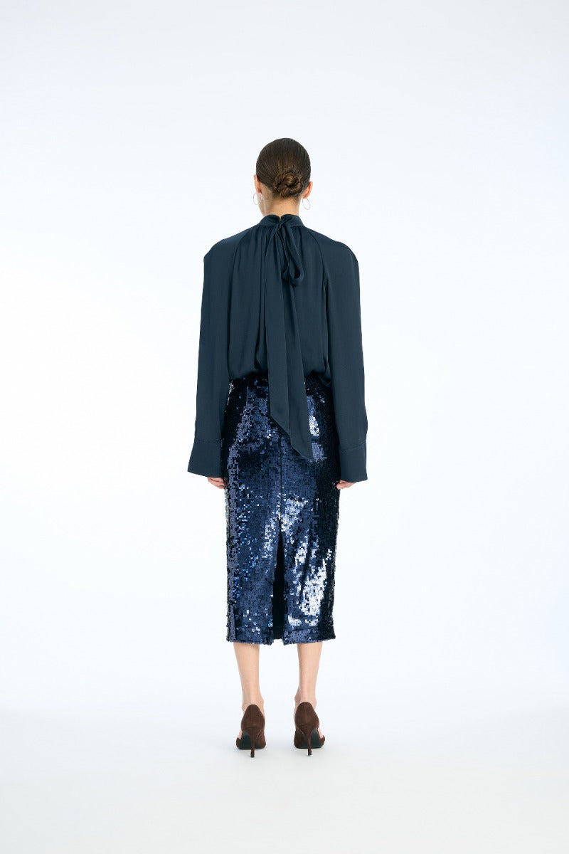 Satin Bow Shirt Dark Blue