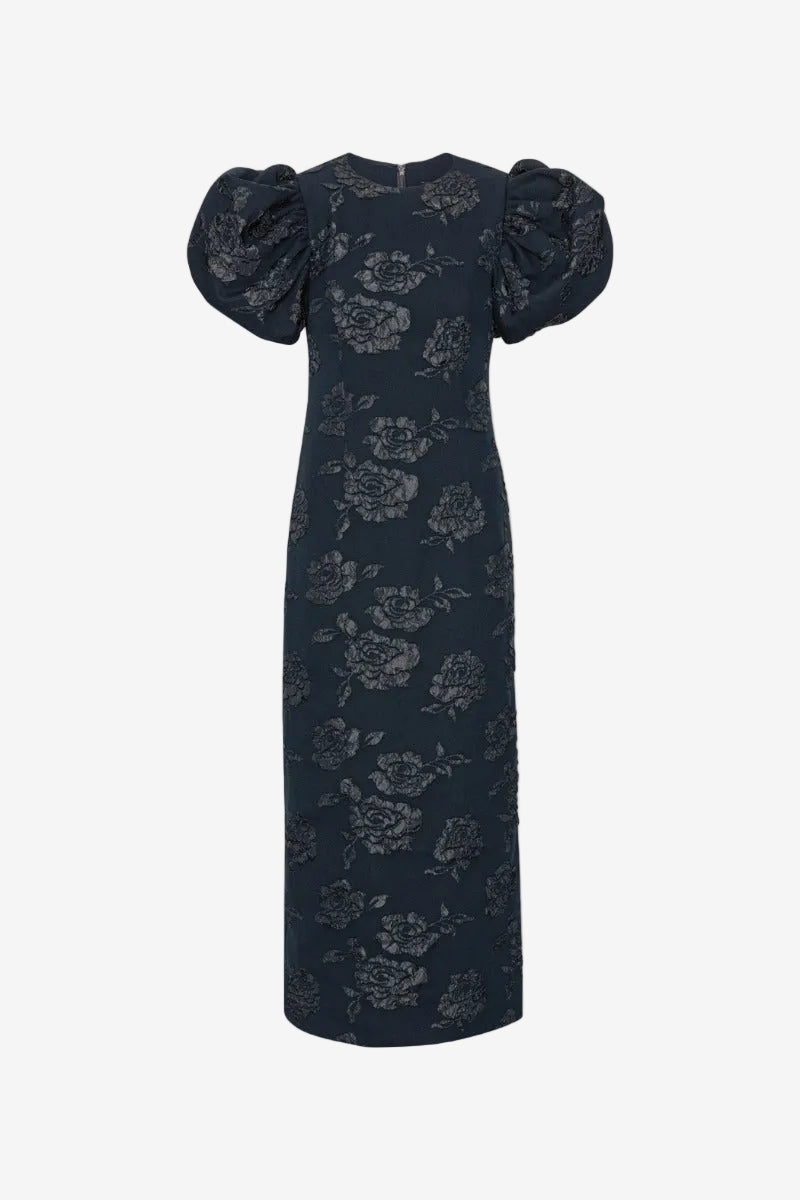 Jacquard Midi Puff Dress Dark Blue