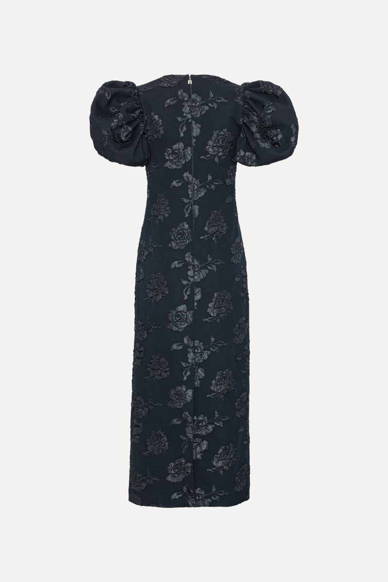 Jacquard Midi Puff Dress Dark Blue