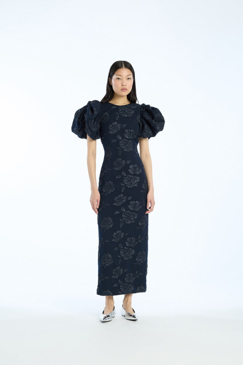 Jacquard Midi Puff Dress Dark Blue