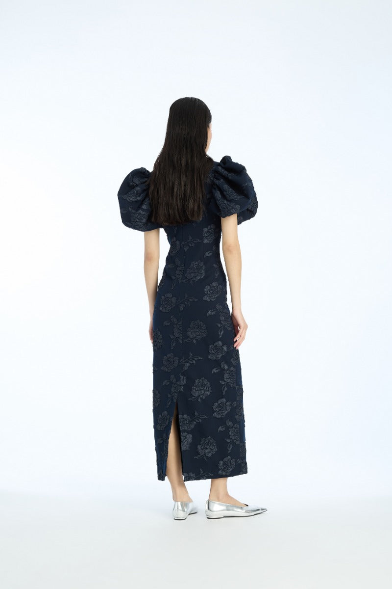 Jacquard Midi Puff Dress Dark Blue
