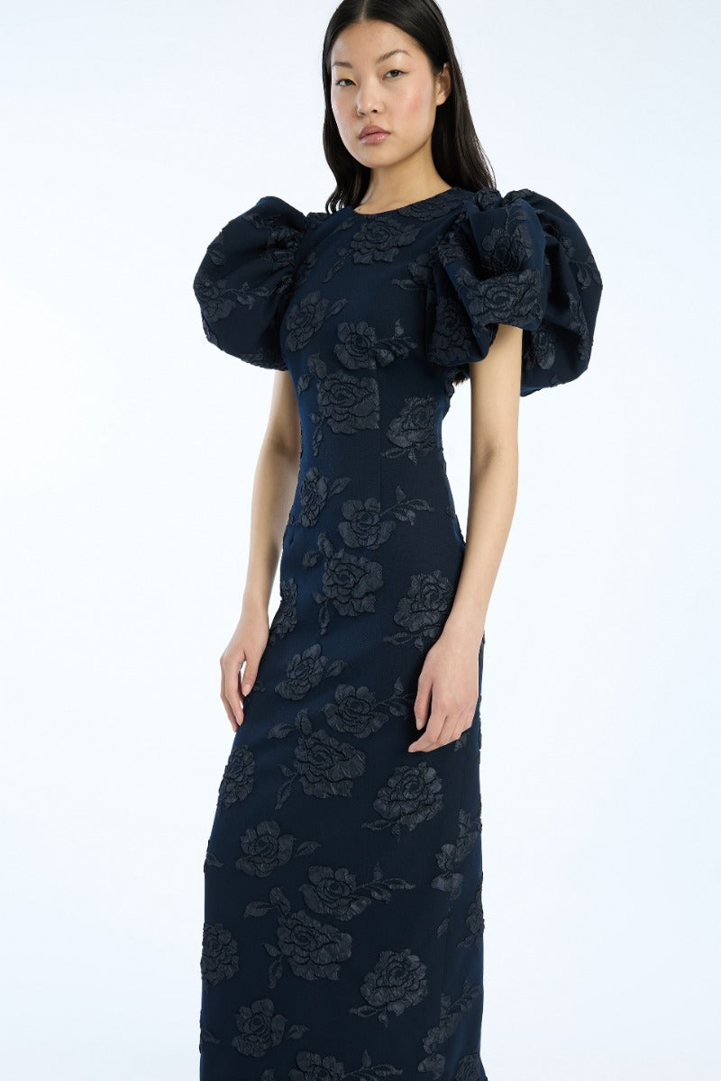 Jacquard Midi Puff Dress Dark Blue