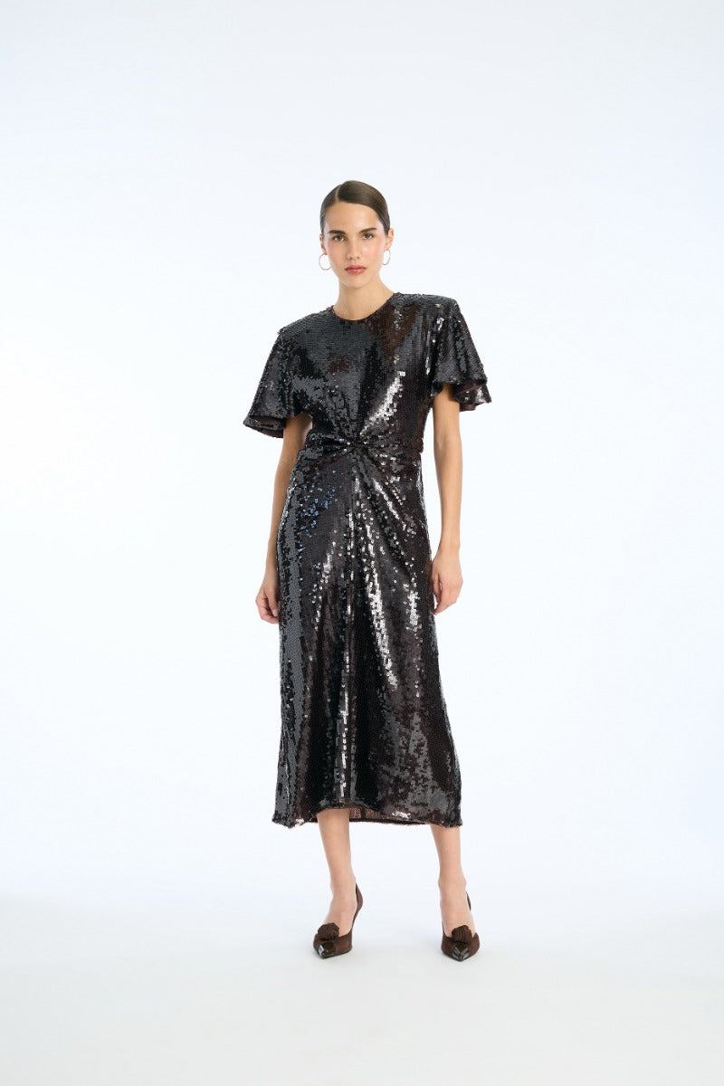 Sequin Dress W. Slit Dark Brown