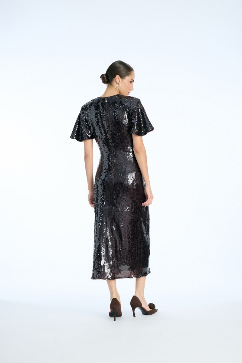 Sequin Dress W. Slit Dark Brown
