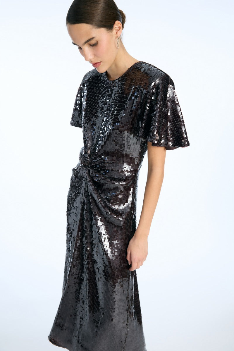 Sequin Dress W. Slit Dark Brown