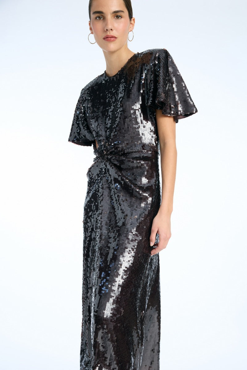 Sequin Dress W. Slit Dark Brown