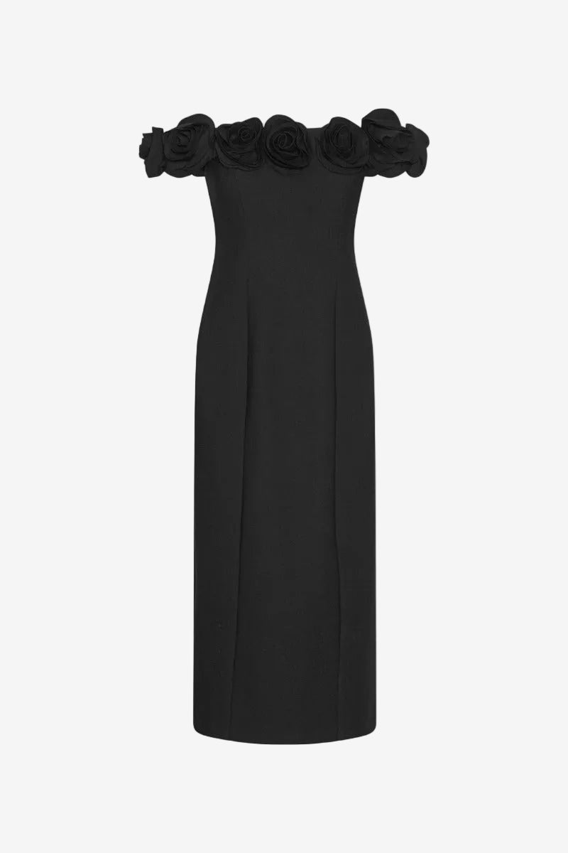 Crepe Midi Flower Dress Black