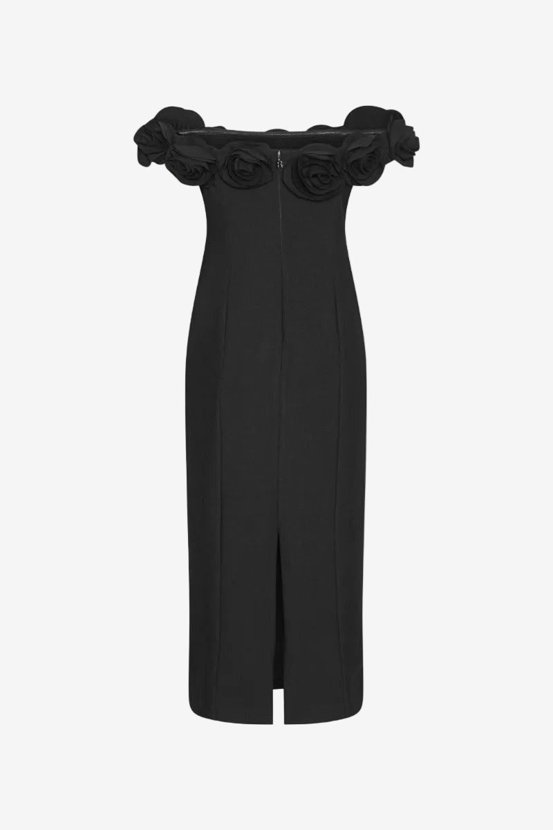 Crepe Midi Flower Dress Black