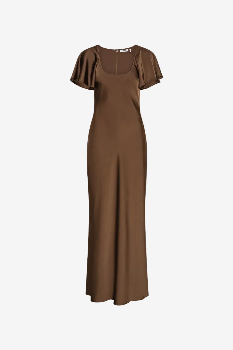 Satin Flowy Sleeve Dress Dark Brown
