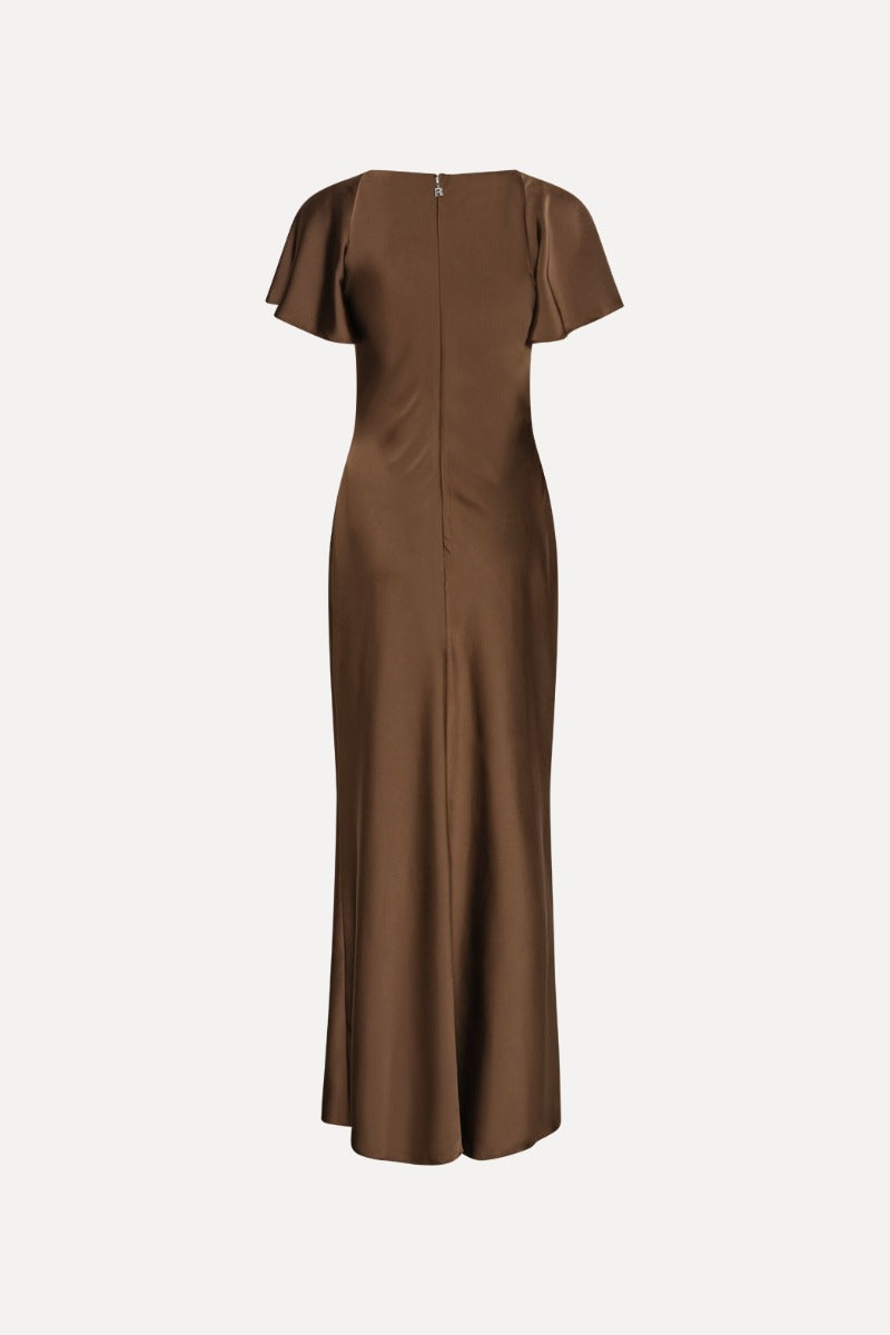 Satin Flowy Sleeve Dress Dark Brown