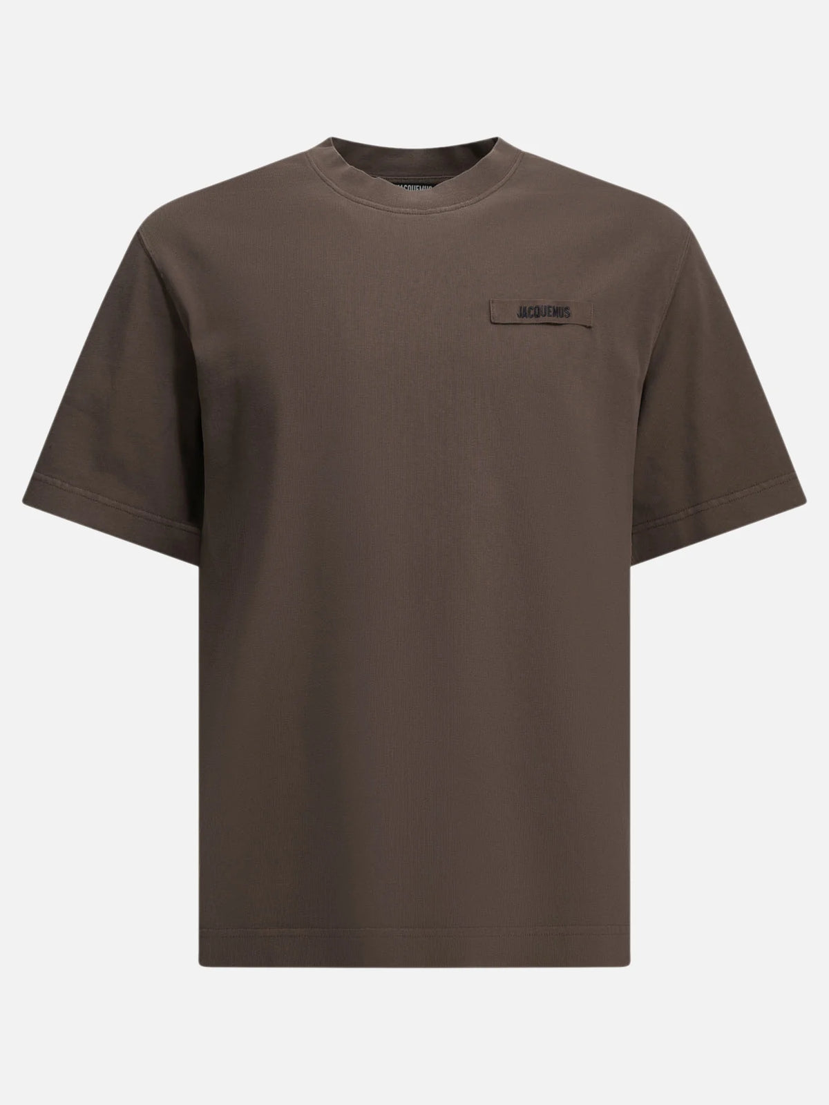 brown beige t-shirt with a small logo on a white background